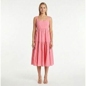 Three Graces London Cosette Midi Dress S Pink Coral Tiered Cotton Square Neck